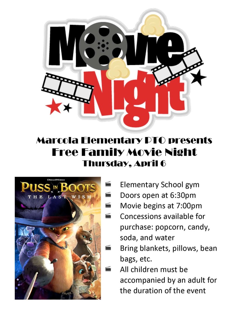 Marcola Elementary PTO presents Free Family Movie Night  Thursday, April 6